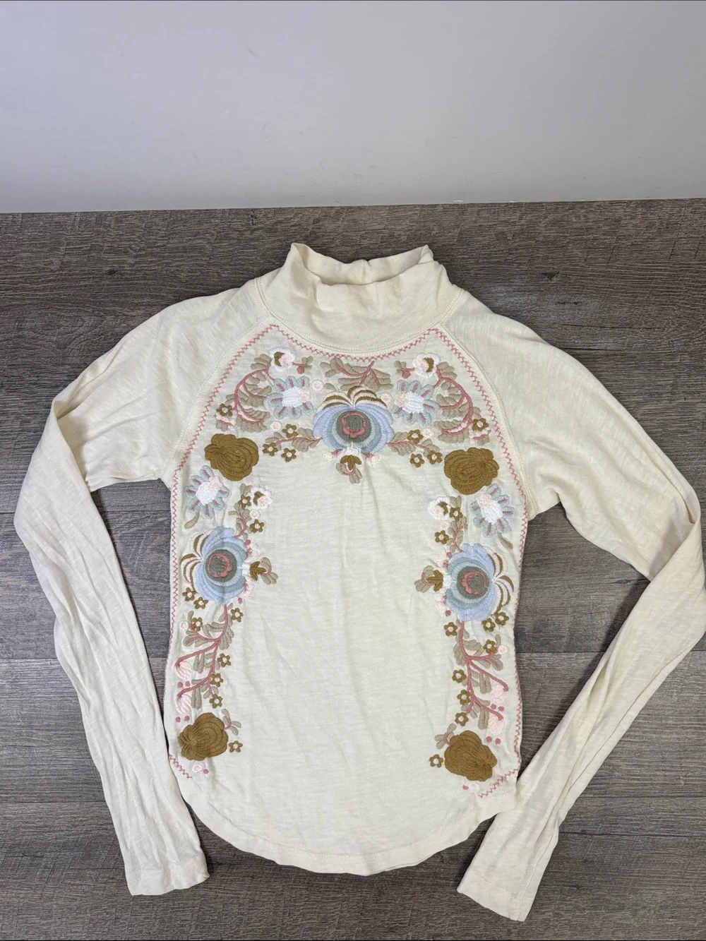 Free People Disco Rose Embroidered Turtleneck Top Ivory XS/S